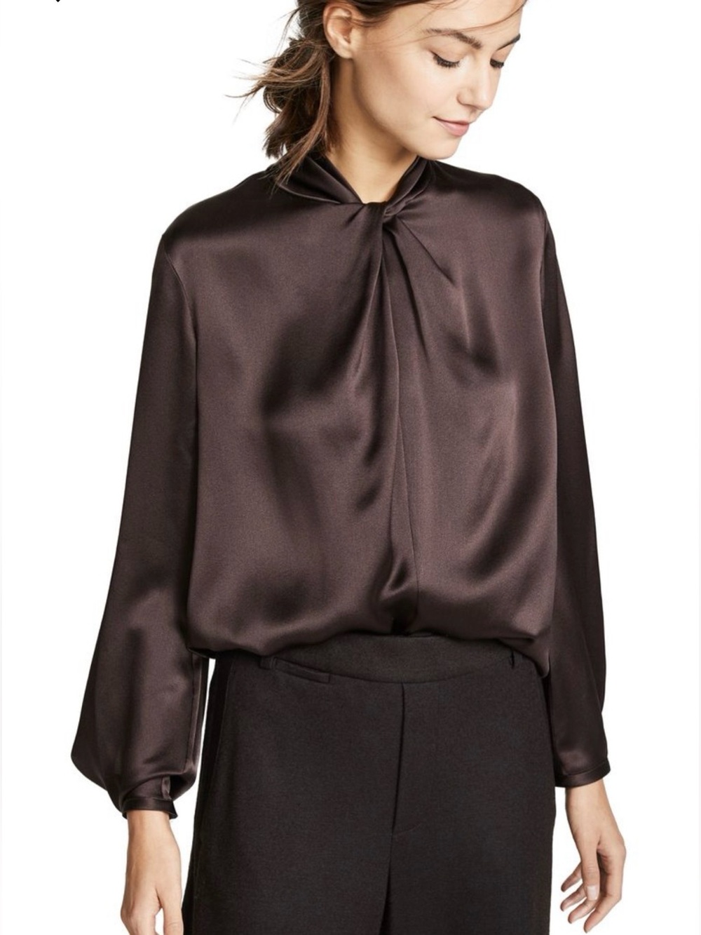 NWT Vince Black Truffle Brown 100% Silk Neck Knot Blouse - Size 2